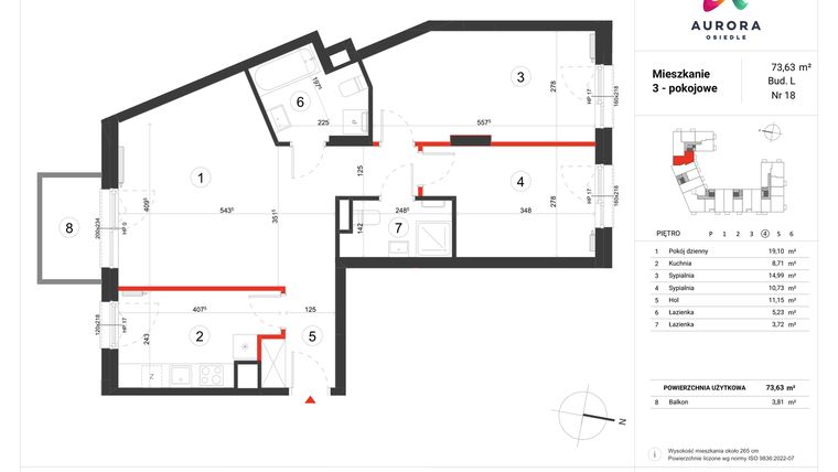 Rzut - Mieszkanie na sprzedaż 3 pokoje o powierzchni 73,63 m² - numer L-18 w Osiedle Aurora - bud. L