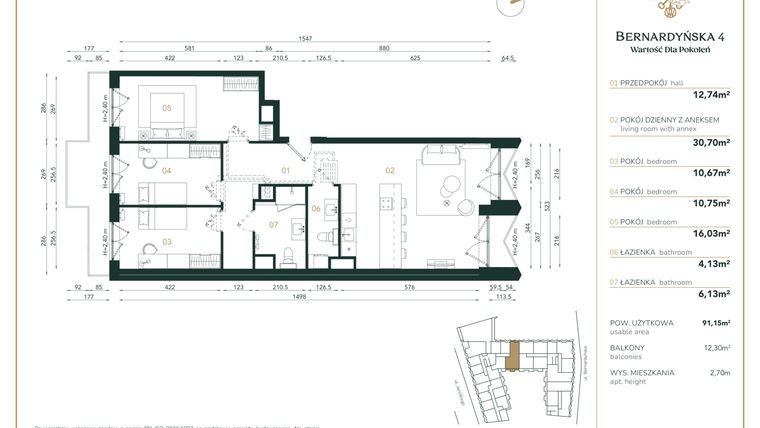 Rzut - Mieszkanie na sprzedaż 4 pokoje o powierzchni 91,15 m² - numer A/2/04 w Bernardyńska 4