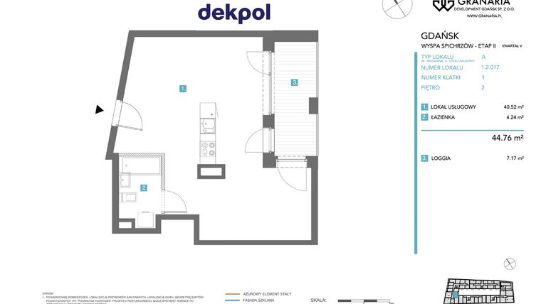 Rzut - Mieszkanie na sprzedaż 1 pokój o powierzchni 44,76 m² - numer 1.2.017 w Granaria