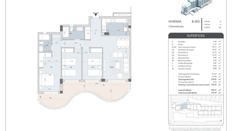 Rzut - Mieszkanie na sprzedaż 3 pokoje o powierzchni 145 m² - numer B-303 w NovaMarina