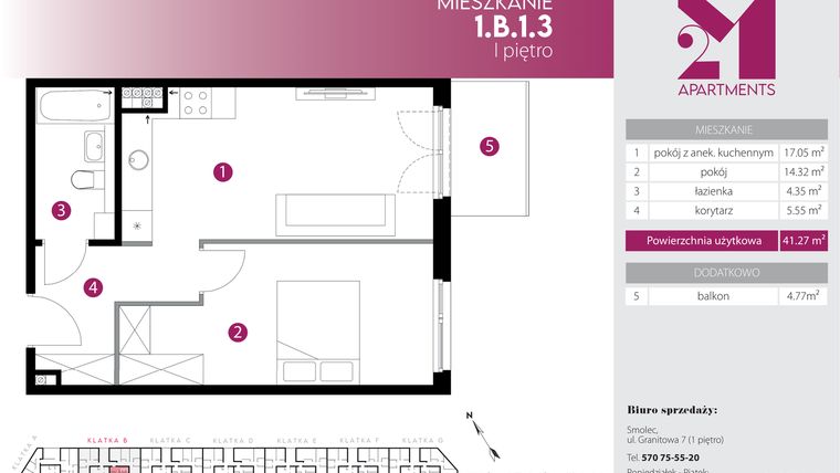 Rzut - Mieszkanie na sprzedaż 2 pokoje o powierzchni 41,27 m² - numer 1.B.1.3 w Maślice Wrocław Milo Dobry Deweloper etap IV