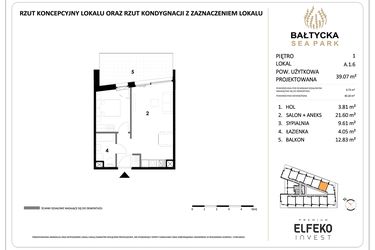 Rzut - Mieszkanie na sprzedaż 2 pokoje o powierzchni 39,07 m² - numer A.1.6 w Bałtycka Sea Park