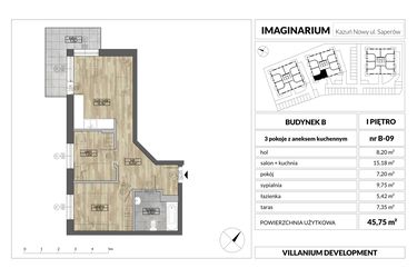 Rzut - Mieszkanie na sprzedaż 3 pokoje o powierzchni 45,75 m² - numer 9 w Imaginarium Kazuń Nowy - bud. B