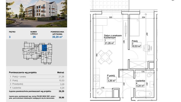 Rzut - Mieszkanie na sprzedaż 2 pokoje o powierzchni 39,46 m² - numer 26 w Balantia