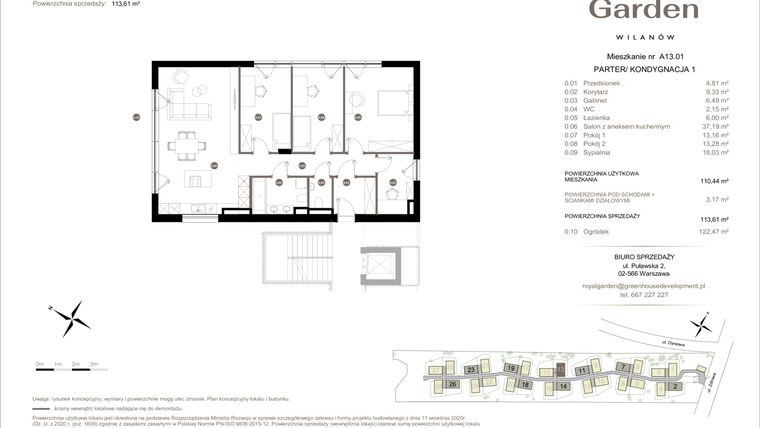 Rzut - Mieszkanie na sprzedaż 5 pokoi o powierzchni 110,44 m² - numer A13.01 w Royal Garden Wilanów Apartamenty