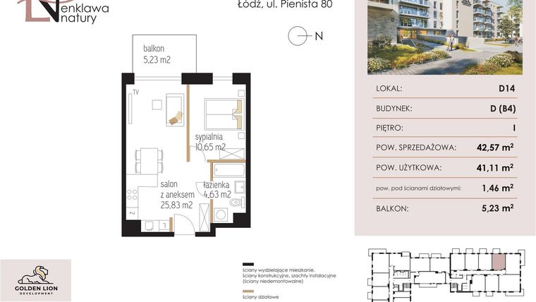 Rzut - Mieszkanie na sprzedaż 2 pokoje o powierzchni 42,57 m² - numer D14 w Enklawa Natury