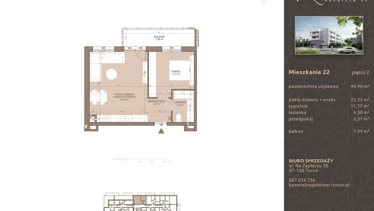 Rzut - Mieszkanie na sprzedaż 2 pokoje o powierzchni 44,9 m² - numer M-22 w Kameralne