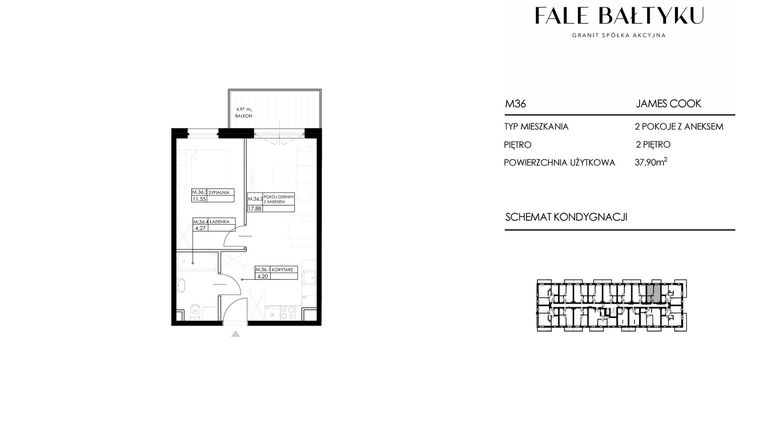 Rzut - Mieszkanie na sprzedaż 2 pokoje o powierzchni 37,96 m² - numer FBJC-M36 w Fale Bałtyku Cook