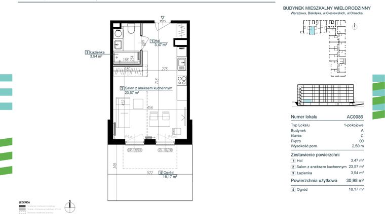 Rzut - Mieszkanie na sprzedaż 1 pokój o powierzchni 30,98 m² - numer AC0086 w Orneko