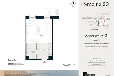 Rzut - Mieszkanie na sprzedaż 1 pokój o powierzchni 34,3 m² - numer U.4.24 w Smolna 23