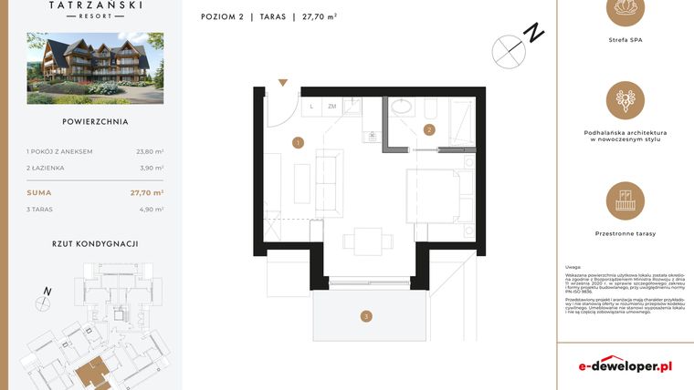 Rzut - Mieszkanie na sprzedaż 1 pokój o powierzchni 27,7 m² - numer A21 w Tatrzański Resort