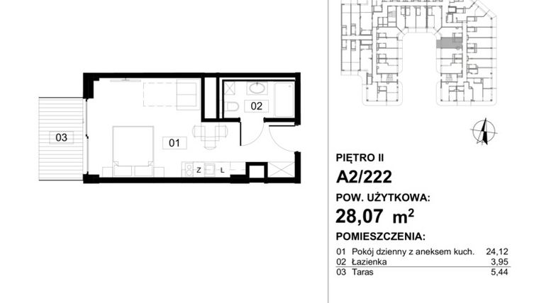 Rzut - Mieszkanie na sprzedaż 1 pokój o powierzchni 29,4 m² - numer 222 w Apollo Resort