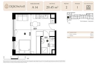 Rzut - Mieszkanie na sprzedaż 1 pokój o powierzchni 29,45 m² - numer A.14 w Dębowa 45