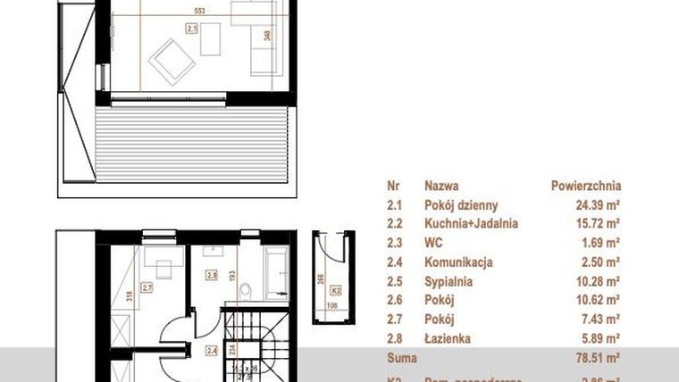 Rzut - Mieszkanie na sprzedaż 5 pokoi o powierzchni 78,51 m² - numer 2.2 w Osiedle Dębowe