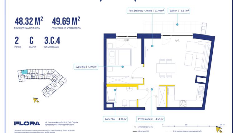 Rzut - Mieszkanie na sprzedaż 2 pokoje o powierzchni 49,69 m² - numer 3C4 w Piotra 4