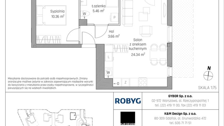 Rzut - Mieszkanie na sprzedaż 2 pokoje o powierzchni 43,82 m² - numer B8.0M01 w ROSA Residence etap II