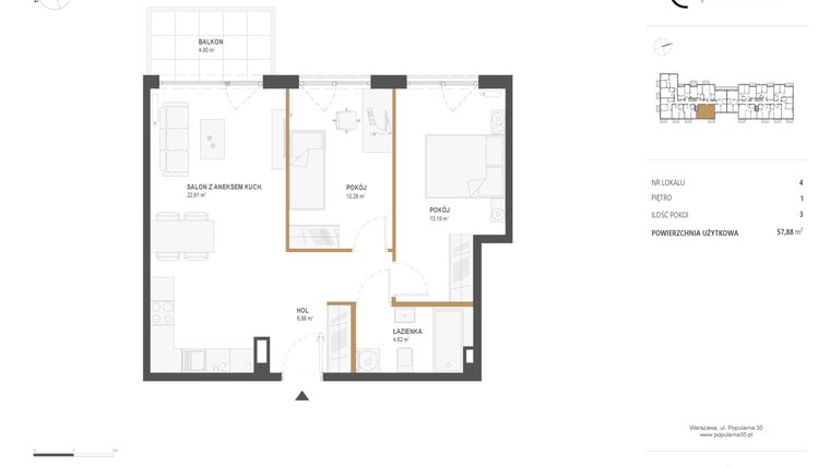 Rzut - Mieszkanie na sprzedaż 3 pokoje o powierzchni 57,88 m² - numer M.04 w Popularna 35