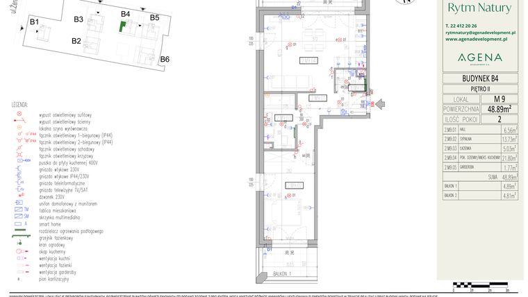 Rzut - Mieszkanie na sprzedaż 2 pokoje o powierzchni 48,89 m² - numer B4M9 w Rytm Natury