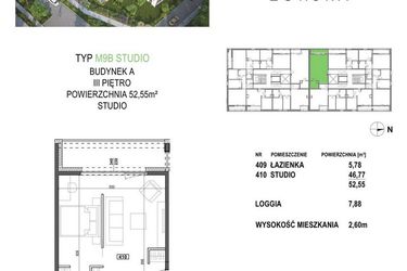 Rzut - Mieszkanie na sprzedaż 1 pokój o powierzchni 52,55 m² - numer M9B.P4 w Apartamenty Żorska