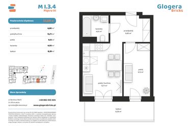 Rzut - Mieszkanie na sprzedaż 2 pokoje o powierzchni 33,69 m² - numer M I.3.4 w Glogera Bricks