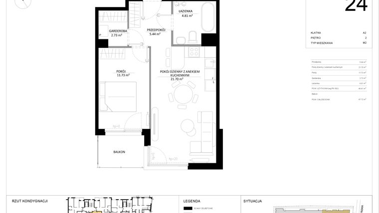 Rzut - Mieszkanie na sprzedaż 2 pokoje o powierzchni 46,41 m² - numer 24 w SILO