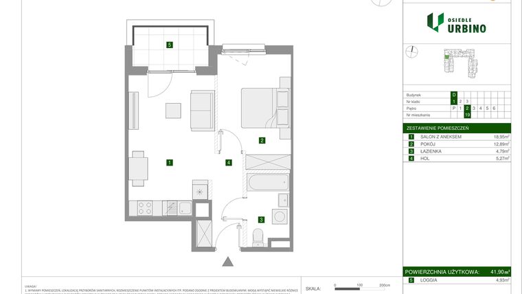 Rzut - Mieszkanie na sprzedaż 2 pokoje o powierzchni 41,9 m² - numer 19 w Osiedle Urbino etap 1.4