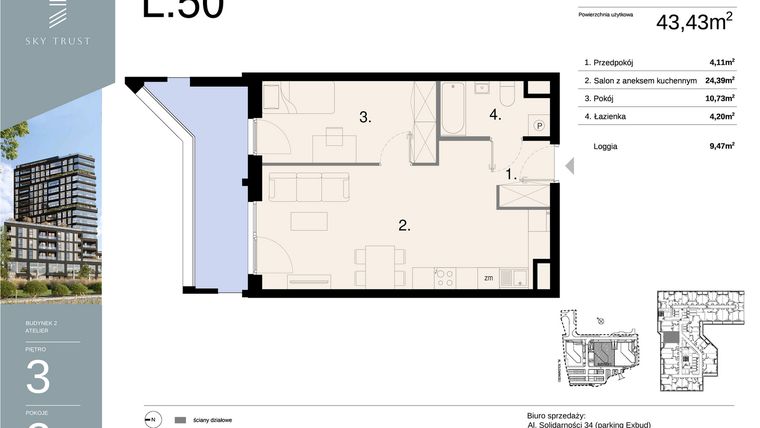 Rzut - Mieszkanie na sprzedaż 2 pokoje o powierzchni 43,43 m² - numer L50 w Sky Trust etap II - apartamenty inwestycyjne 23% VAT PRS