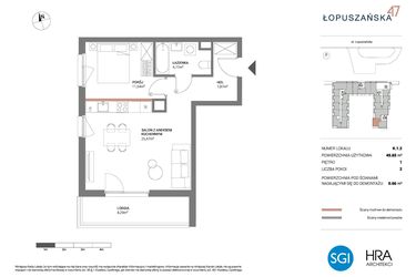 Rzut - Mieszkanie na sprzedaż 2 pokoje o powierzchni 49,65 m² - numer K.1.2 w Łopuszańska 47 - etap 3