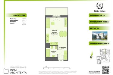 Rzut - Mieszkanie na sprzedaż 1 pokój o powierzchni 32,55 m² - numer 01.M.18 w Dom Architekta