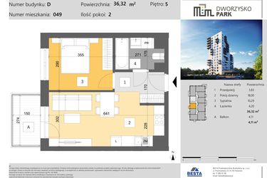 Rzut - Mieszkanie na sprzedaż 2 pokoje o powierzchni 36,32 m² - numer 49 w Dworzysko Park - Etap III