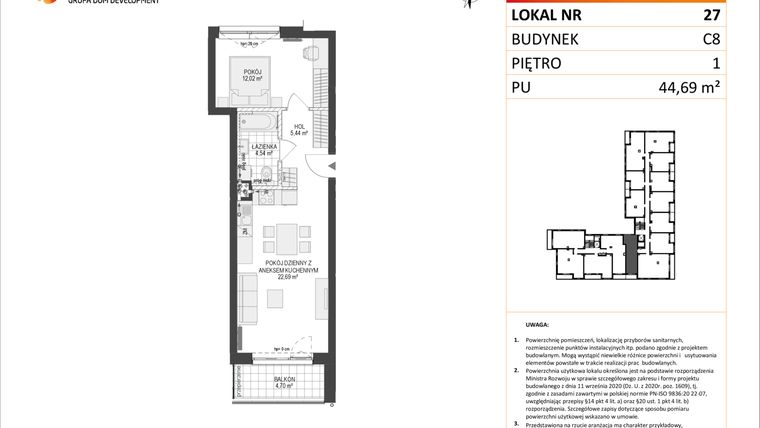 Rzut - Mieszkanie na sprzedaż 2 pokoje o powierzchni 44,65 m² - numer C8.27 w Konstelacja etap IV