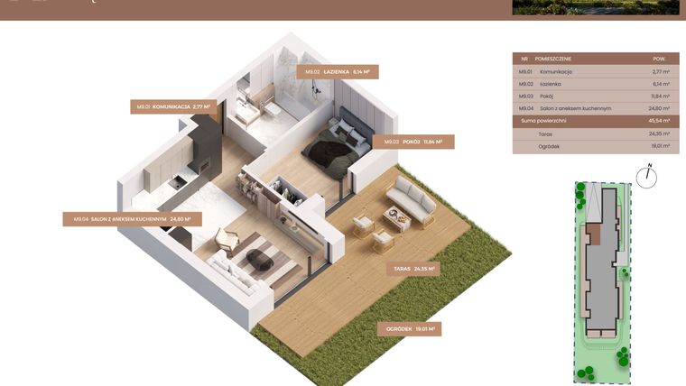 Rzut - Mieszkanie na sprzedaż 2 pokoje o powierzchni 45,54 m² - numer 9 w Apartamenty Częstochowska