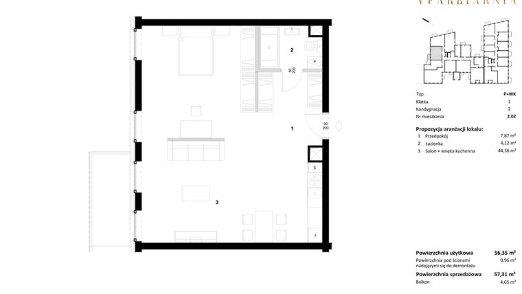 Rzut - Mieszkanie na sprzedaż 1 pokój o powierzchni 57,61 m² - numer 2.02 w Stara Farbiarnia