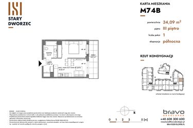 Rzut - Mieszkanie na sprzedaż 1 pokój o powierzchni 34,09 m² - numer M 74B w Stary Dworzec
