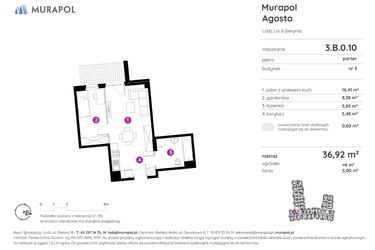 Rzut - Mieszkanie na sprzedaż 1 pokój o powierzchni 36,77 m² - numer 3.B.0.10 w Murapol Agosto