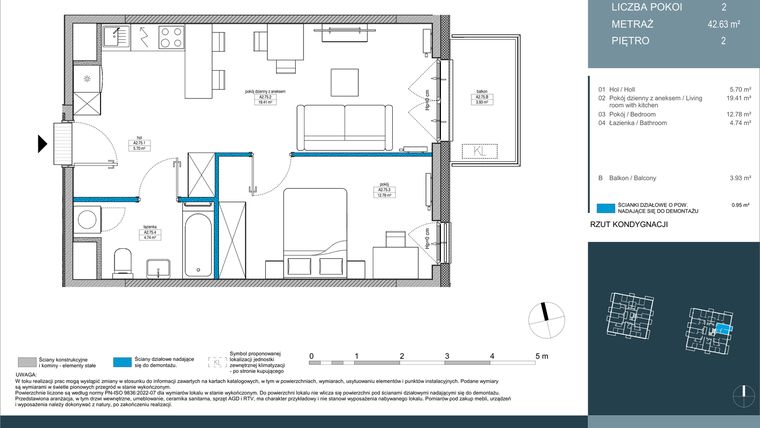 Rzut - Mieszkanie na sprzedaż 2 pokoje o powierzchni 42,63 m² - numer 75 w Nordic Górka Narodowa