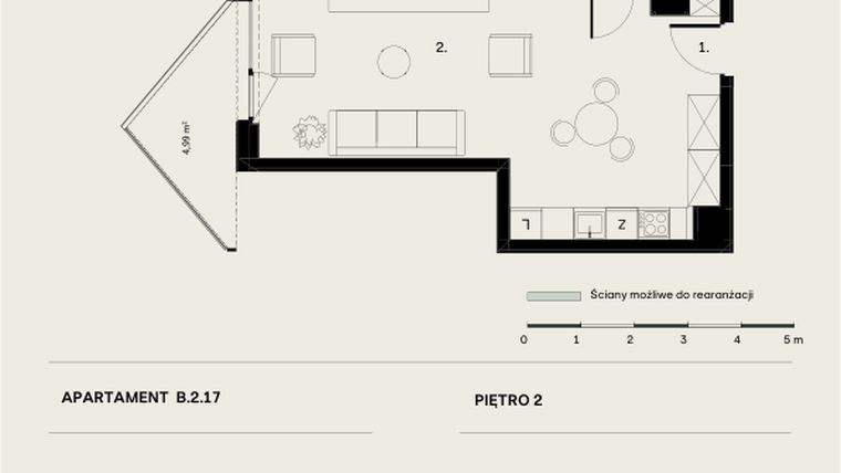 Rzut - Mieszkanie na sprzedaż 1 pokój o powierzchni 36,69 m² - numer B/2/17 w Ogrodowa 12