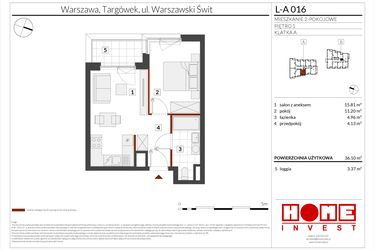 Rzut - Mieszkanie na sprzedaż 2 pokoje o powierzchni 36,1 m² - numer WS-L-A016 w Warszawski Świt etap XII
