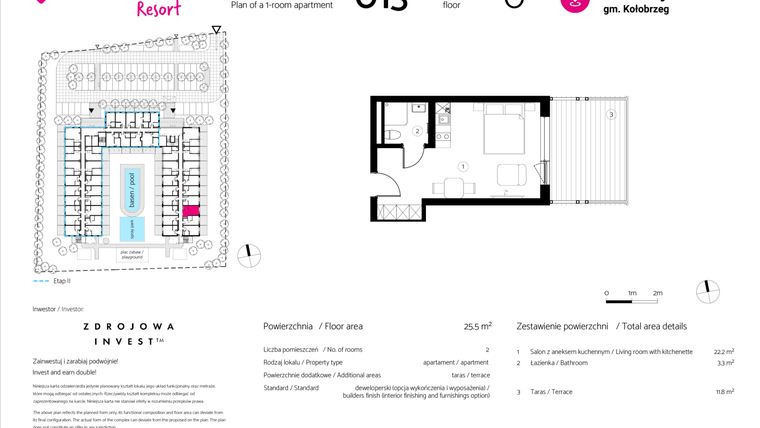 Rzut - Mieszkanie na sprzedaż 1 pokój o powierzchni 25,5 m² - numer 013 w VacationClub Resort