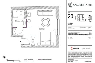 Rzut - Mieszkanie na sprzedaż 1 pokój o powierzchni 34,63 m² - numer 4.20 w Kamienna 28 - apartamenty inwestycyjne