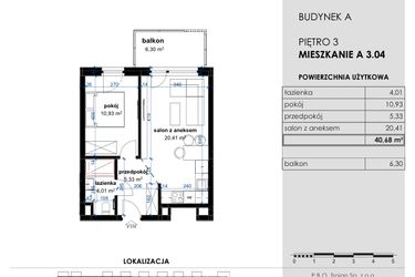 Rzut - Mieszkanie na sprzedaż 2 pokoje o powierzchni 40,68 m² - numer A 3.04 w Osiedle Kwiatowe