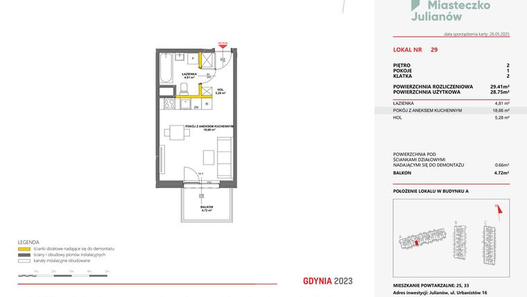 Rzut - Mieszkanie na sprzedaż 1 pokój o powierzchni 29,41 m² - numer 29 w Miasteczko Julianów