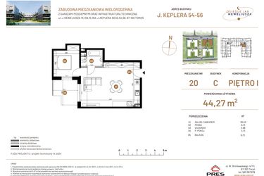 Rzut - Mieszkanie na sprzedaż 2 pokoje o powierzchni 44,27 m² - numer JAR-III-C-LM-M20 w Osiedle JAR Heweliusza etap III