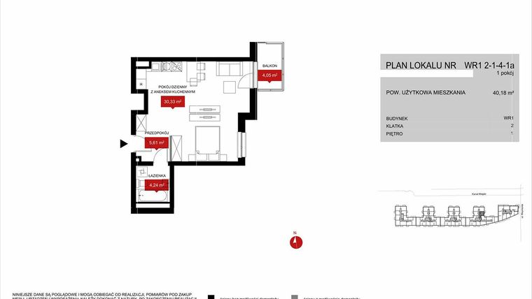 Rzut - Mieszkanie na sprzedaż 1 pokój o powierzchni 40,18 m² - numer WR1 2/1/4/1a w Przystań Reymonta