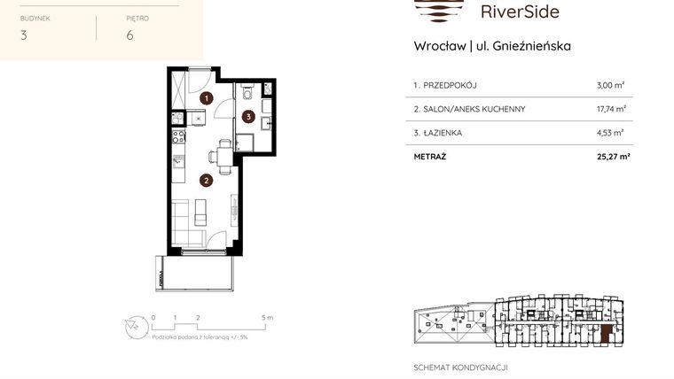 Rzut - Mieszkanie na sprzedaż 1 pokój o powierzchni 25,27 m² - numer 3.A.6.04 w Murapol RiverSide