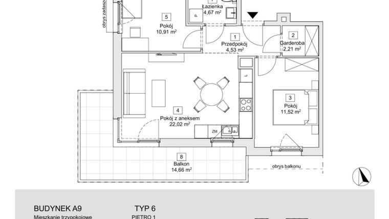 Rzut - Mieszkanie na sprzedaż 3 pokoje o powierzchni 58,17 m² - numer A9.1.3 w Zacisze Marcelin IIIa
