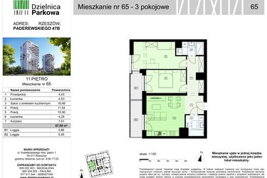Rzut - Mieszkanie na sprzedaż 3 pokoje o powierzchni 67,09 m² - numer 65/B7 w Dzielnica Parkowa VII