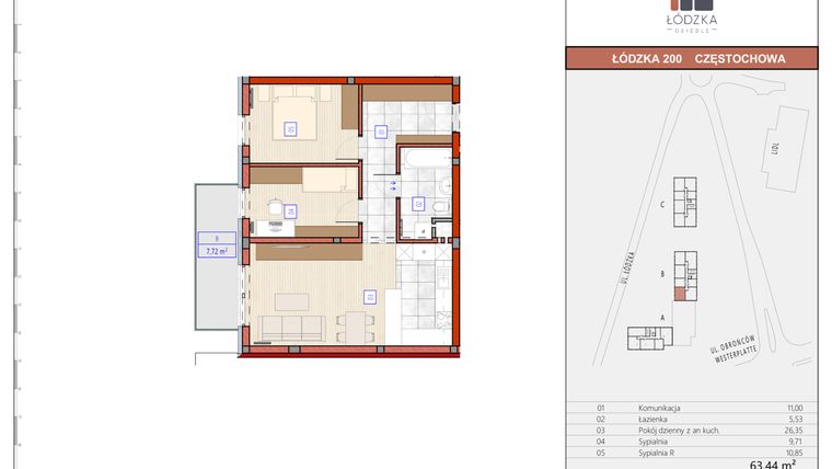 Rzut - Mieszkanie na sprzedaż 3 pokoje o powierzchni 63,57 m² - numer B.M.34 w Łódzka Osiedle