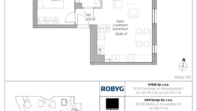 Rzut - Mieszkanie na sprzedaż 2 pokoje o powierzchni 43,9 m² - numer B7.2M01 w ROSA Residence etap II