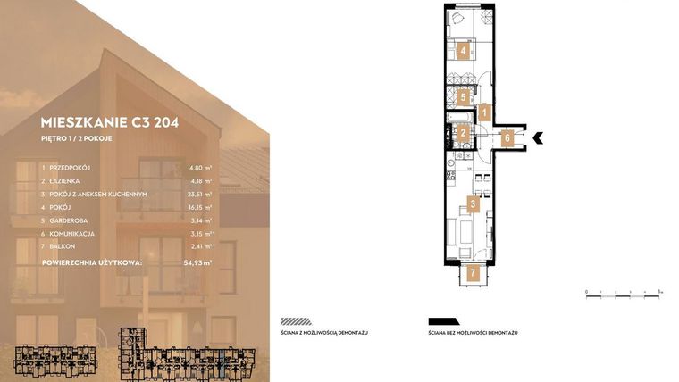 Rzut - Mieszkanie na sprzedaż 2 pokoje o powierzchni 54,93 m² - numer C3.204 w MOTTO Wojnów